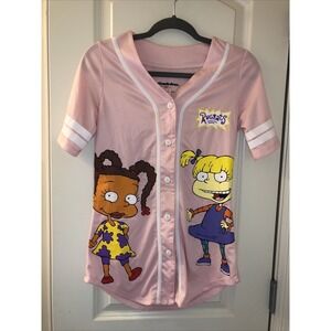Nickelodeon Women's Button Up Jersey Style Pink Shirt Size SM Polyester